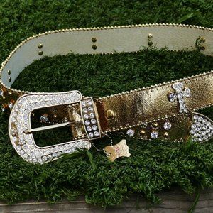 Gold Leather Belt with Crystal Crosses size S/M